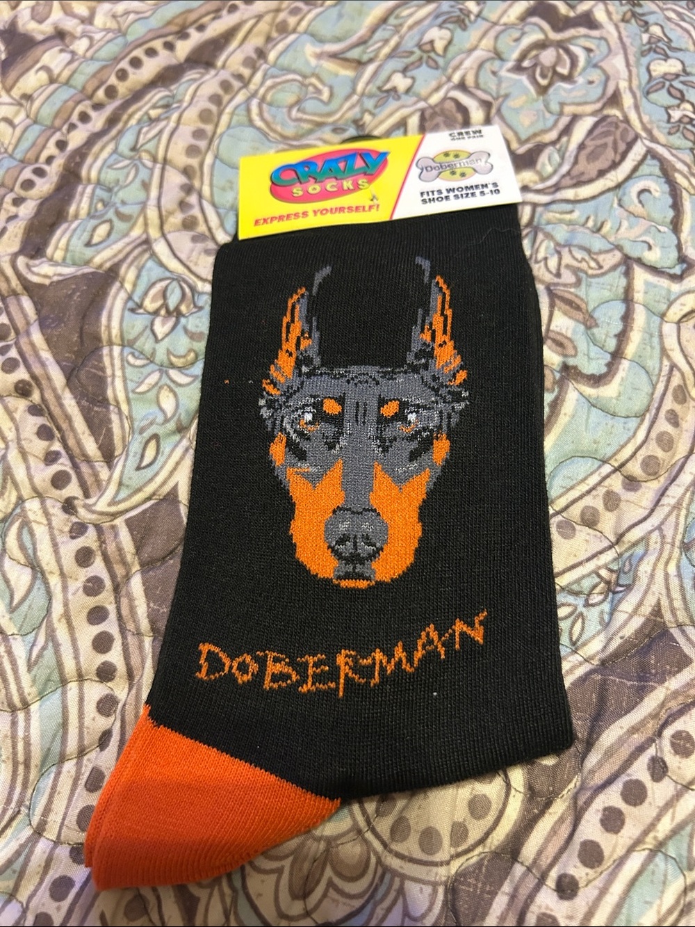 Black Socks with Orange Doberman Skull Design